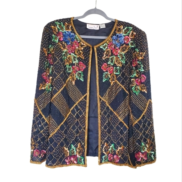 Laurence Kazar New York 100% Silk Vintage Sequin Floral Beaded Jacket, Size 2X